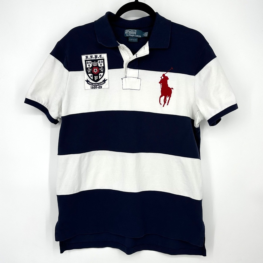 Polo by Ralph Lauren Navy & White Striped Rugby Polo with Red Pony